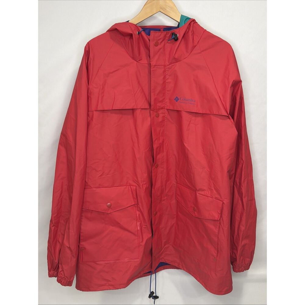 Vintage Columbia Jacket Mens XL Red Rain Coat Hooded Jacket PVC Waterproof